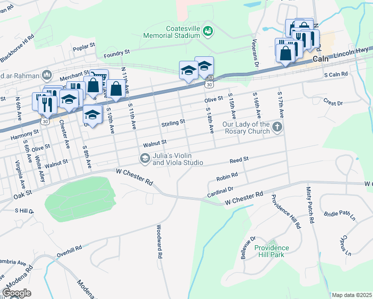 map of restaurants, bars, coffee shops, grocery stores, and more near 124 South 13th Avenue in Coatesville