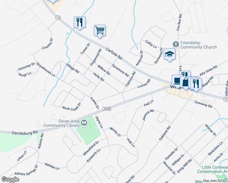 map of restaurants, bars, coffee shops, grocery stores, and more near 2551 Locust Road in Dover