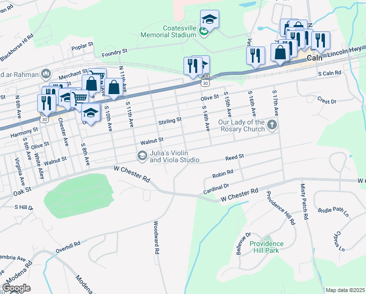 map of restaurants, bars, coffee shops, grocery stores, and more near 124 South 13th Avenue in Coatesville