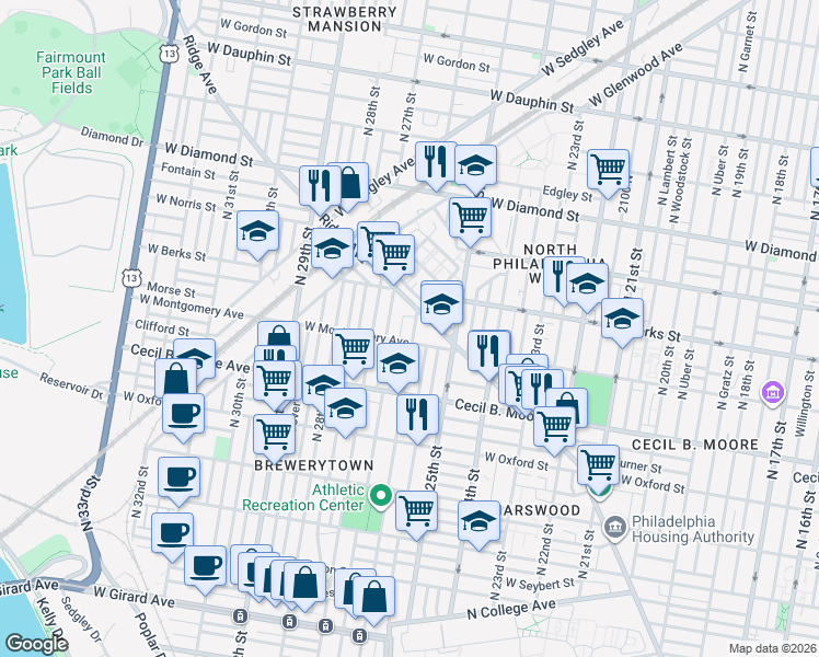 map of restaurants, bars, coffee shops, grocery stores, and more near 1757 North 26th Street in Philadelphia