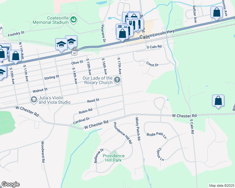 map of restaurants, bars, coffee shops, grocery stores, and more near 1649 Reed Street in Coatesville