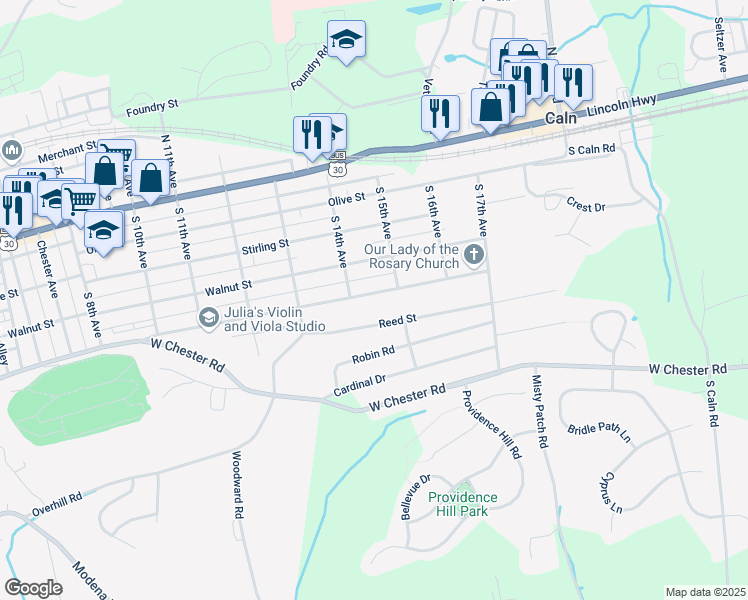 map of restaurants, bars, coffee shops, grocery stores, and more near 1408 Oak Street in Coatesville