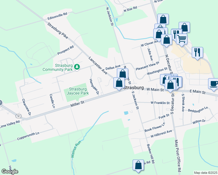 map of restaurants, bars, coffee shops, grocery stores, and more near 12 Hemlock Lane in Strasburg