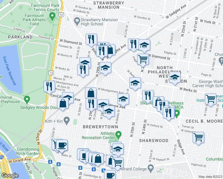 map of restaurants, bars, coffee shops, grocery stores, and more near 2723 West Montgomery Avenue in Philadelphia