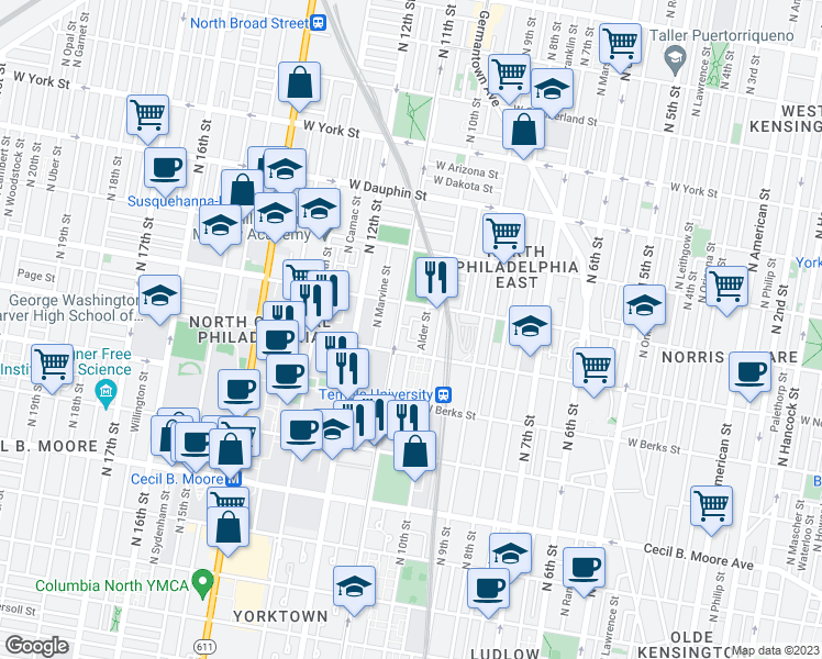 map of restaurants, bars, coffee shops, grocery stores, and more near 2000 North 11th Street in Philadelphia