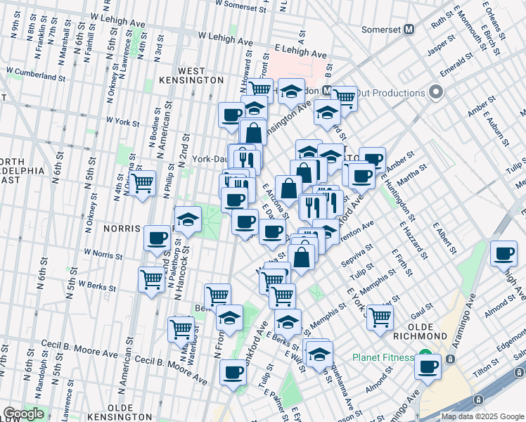 map of restaurants, bars, coffee shops, grocery stores, and more near 2050 East Dauphin Street in Philadelphia