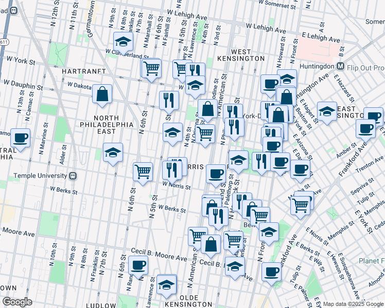 map of restaurants, bars, coffee shops, grocery stores, and more near 2131 North Orianna Street in Philadelphia