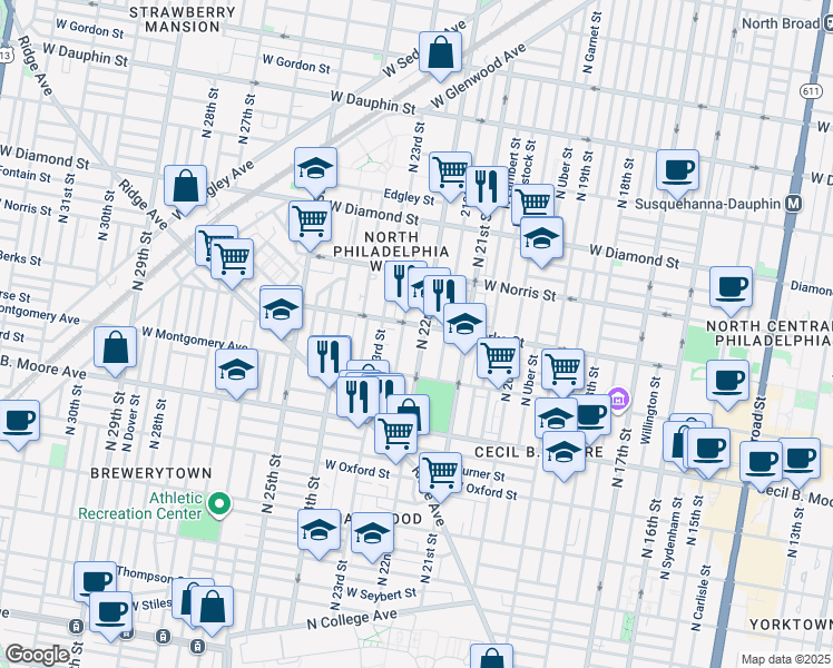 map of restaurants, bars, coffee shops, grocery stores, and more near 1850 North 22nd Street in Philadelphia