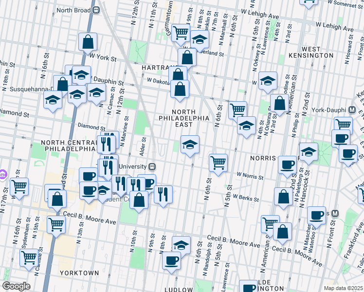 map of restaurants, bars, coffee shops, grocery stores, and more near 2055 North 8th Street in Philadelphia