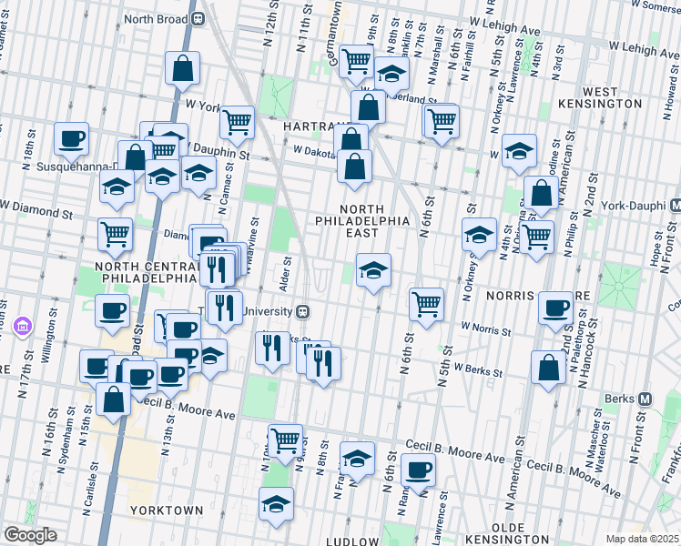 map of restaurants, bars, coffee shops, grocery stores, and more near 2054 North Darien Street in Philadelphia