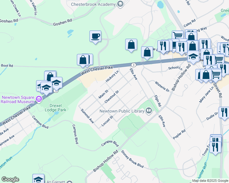 map of restaurants, bars, coffee shops, grocery stores, and more near in Newtown Square