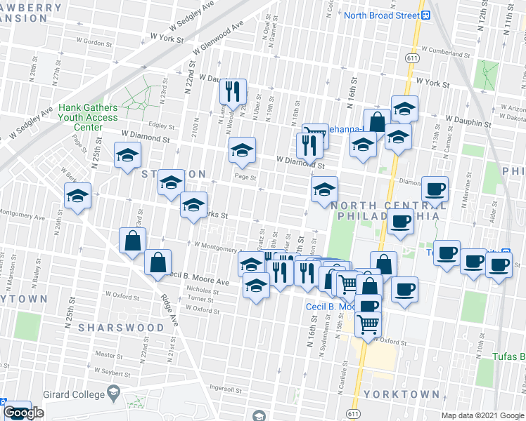 map of restaurants, bars, coffee shops, grocery stores, and more near 1920 North Gratz Street in Philadelphia