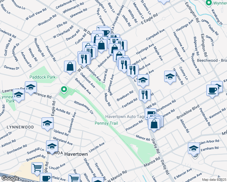 map of restaurants, bars, coffee shops, grocery stores, and more near 48 West Marthart Avenue in Havertown