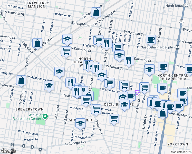 map of restaurants, bars, coffee shops, grocery stores, and more near 1856 North Van Pelt Street in Philadelphia