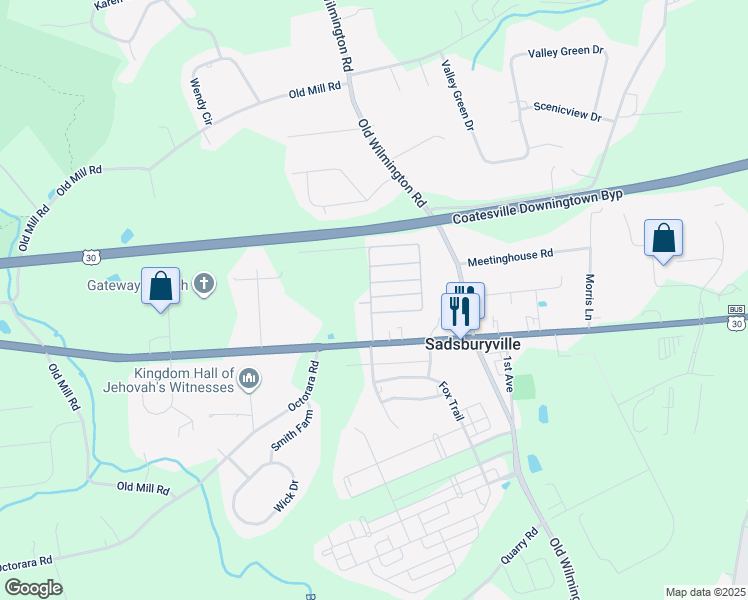 map of restaurants, bars, coffee shops, grocery stores, and more near 205 Jamie Lane in Parkesburg