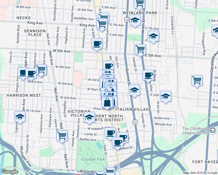map of restaurants, bars, coffee shops, grocery stores, and more near 1020 North High Street in Columbus