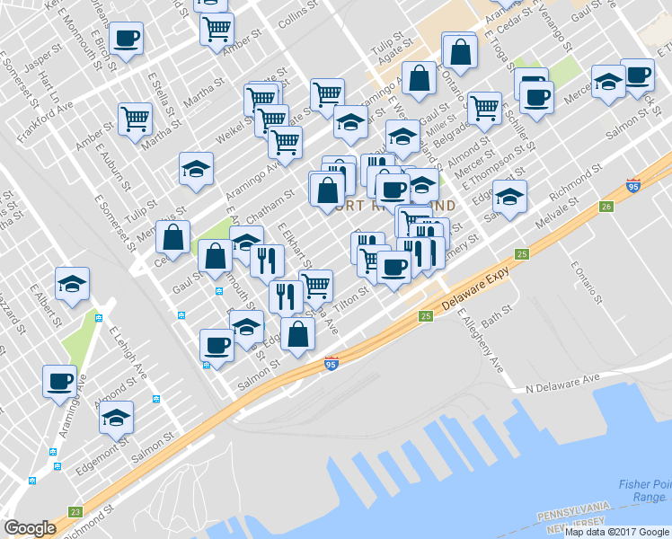 map of restaurants, bars, coffee shops, grocery stores, and more near 3050 East Thompson Street in Philadelphia