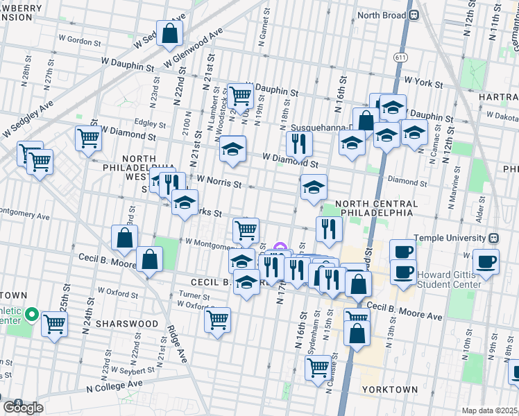 map of restaurants, bars, coffee shops, grocery stores, and more near 1923 North Gratz Street in Philadelphia
