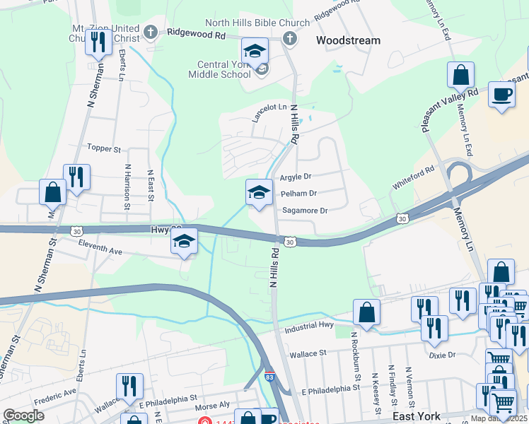 map of restaurants, bars, coffee shops, grocery stores, and more near 1330 North Hills Road in York