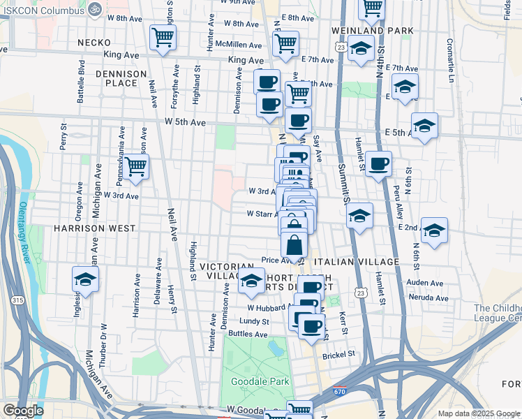 map of restaurants, bars, coffee shops, grocery stores, and more near 70 West Starr Avenue in Columbus