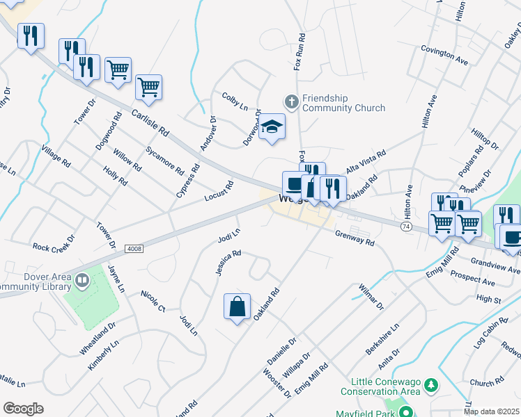 map of restaurants, bars, coffee shops, grocery stores, and more near 3230 Davidsburg Road in Dover