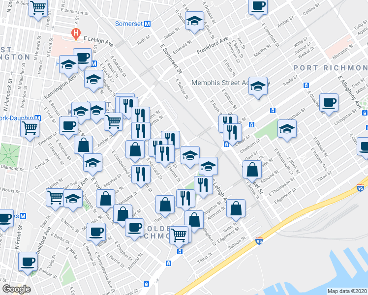 map of restaurants, bars, coffee shops, grocery stores, and more near in Philadelphia