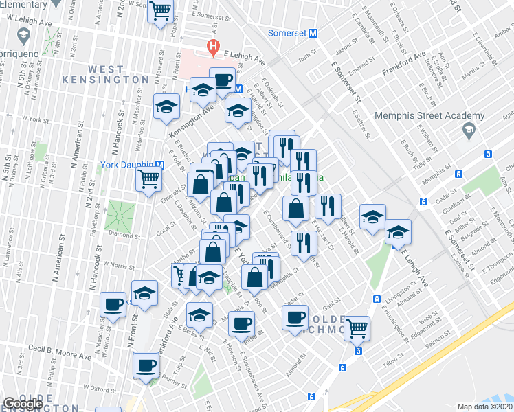 map of restaurants, bars, coffee shops, grocery stores, and more near 2133 East Letterly Street in Philadelphia