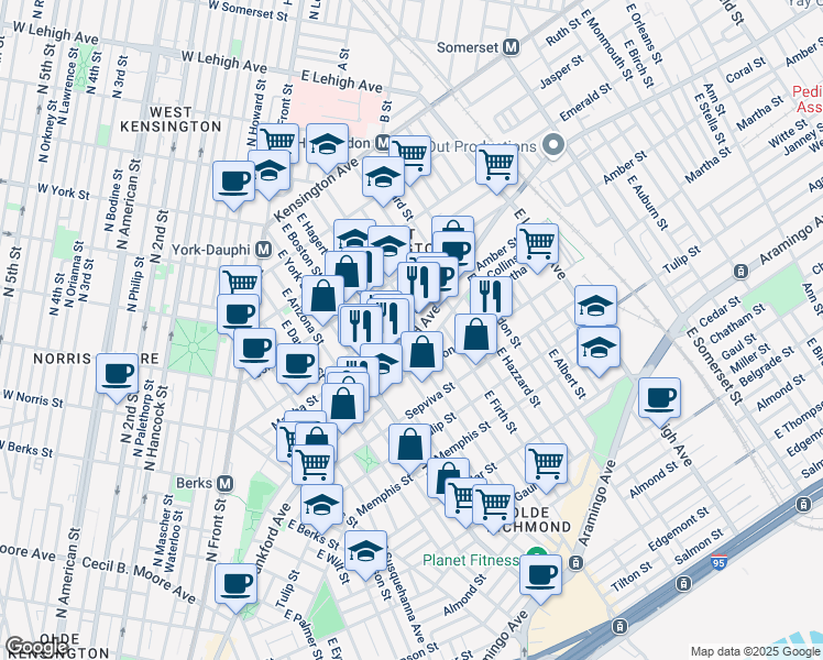 map of restaurants, bars, coffee shops, grocery stores, and more near 2133 East Letterly Street in Philadelphia