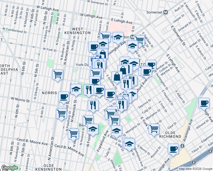map of restaurants, bars, coffee shops, grocery stores, and more near 2050 East Dauphin Street in Philadelphia