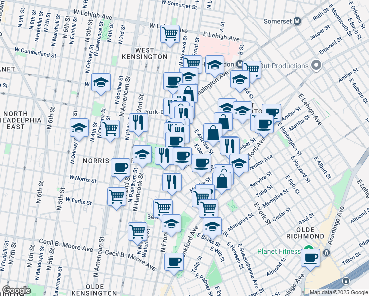 map of restaurants, bars, coffee shops, grocery stores, and more near in Philadelphia