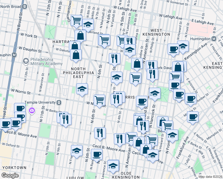 map of restaurants, bars, coffee shops, grocery stores, and more near 2048 North 5th Street in Philadelphia