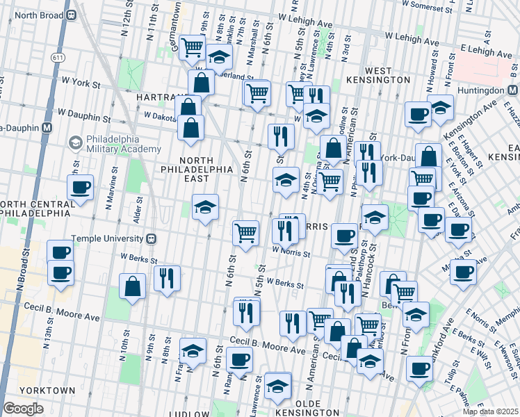map of restaurants, bars, coffee shops, grocery stores, and more near 2048 North 5th Street in Philadelphia