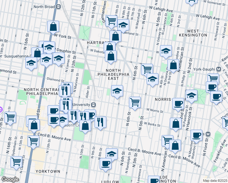 map of restaurants, bars, coffee shops, grocery stores, and more near 2021 North 8th Street in Philadelphia