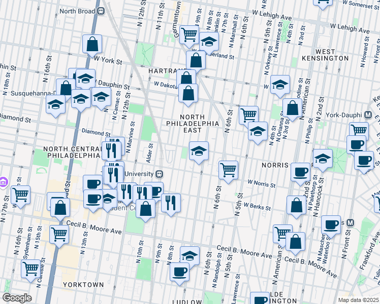 map of restaurants, bars, coffee shops, grocery stores, and more near 2021 North 8th Street in Philadelphia