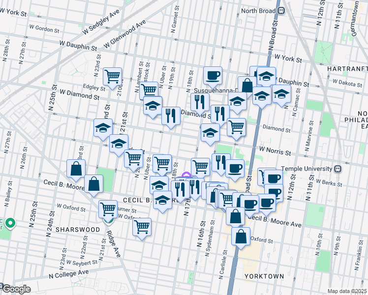 map of restaurants, bars, coffee shops, grocery stores, and more near 1849 North 18th Street in Philadelphia