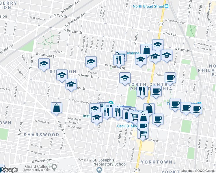 map of restaurants, bars, coffee shops, grocery stores, and more near 1849 North 18th Street in Philadelphia