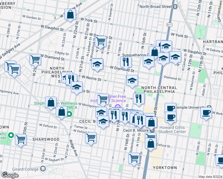 map of restaurants, bars, coffee shops, grocery stores, and more near 1849 North 18th Street in Philadelphia