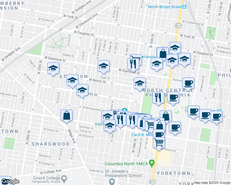 map of restaurants, bars, coffee shops, grocery stores, and more near 1849 North 18th Street in Philadelphia