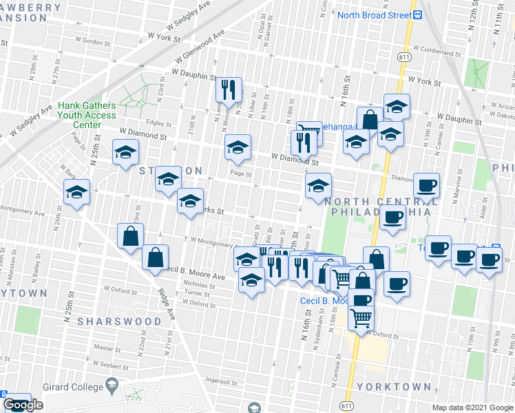 map of restaurants, bars, coffee shops, grocery stores, and more near in Philadelphia