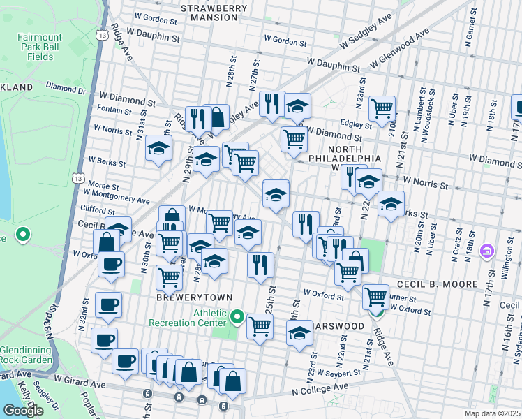 map of restaurants, bars, coffee shops, grocery stores, and more near 1757 North 26th Street in Philadelphia