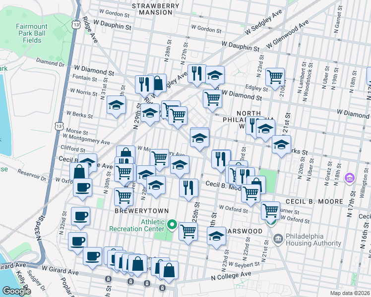 map of restaurants, bars, coffee shops, grocery stores, and more near 1757 North 26th Street in Philadelphia