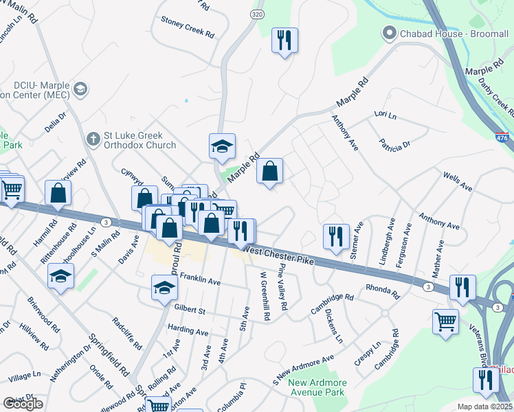 map of restaurants, bars, coffee shops, grocery stores, and more near 25 Church Lane in Broomall