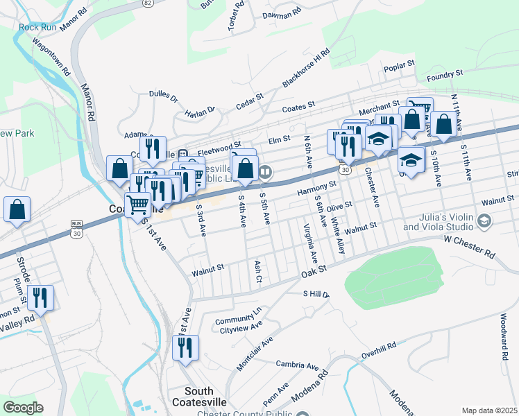 map of restaurants, bars, coffee shops, grocery stores, and more near 68 South 5th Avenue in Coatesville