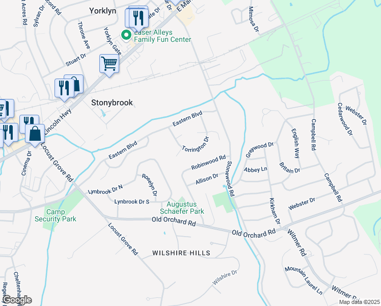 map of restaurants, bars, coffee shops, grocery stores, and more near 4039 Robinwood Road in York