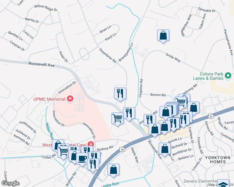 map of restaurants, bars, coffee shops, grocery stores, and more near 1572 Scotch Drive in York