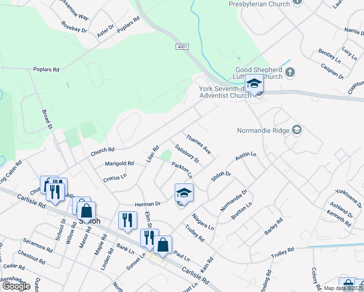 map of restaurants, bars, coffee shops, grocery stores, and more near 2169 Salisbury Street in York
