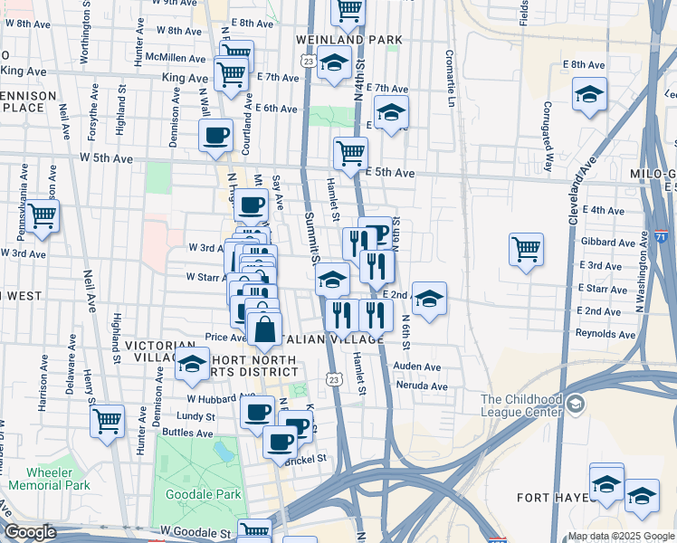 map of restaurants, bars, coffee shops, grocery stores, and more near 974 Summit Street in Columbus