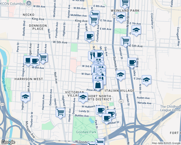 map of restaurants, bars, coffee shops, grocery stores, and more near 987 North High Street in Columbus