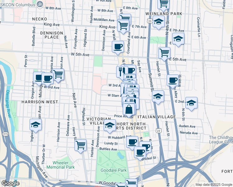 map of restaurants, bars, coffee shops, grocery stores, and more near 84-86 East 2nd Avenue in Columbus