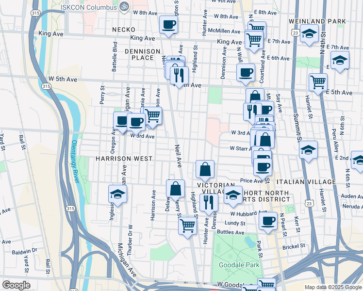 map of restaurants, bars, coffee shops, grocery stores, and more near 1017 Highland Street in Columbus